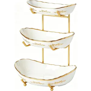 3 Tier Fruit Bowl, Elegant Fruit Stand with Gold Scrollwork, Stackable & Easy to Store, Multifunctional Serving Tray for Fruit/Vegetables/Snacks - White Gold