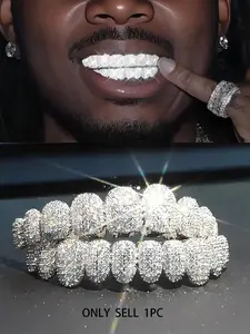 Hiphop Gold Grillz Full Diamond Teeth Grills Rapper Style Streetwear Trendy Personalized Jewelry Real Gold Plated Resin Material Tooth Gem