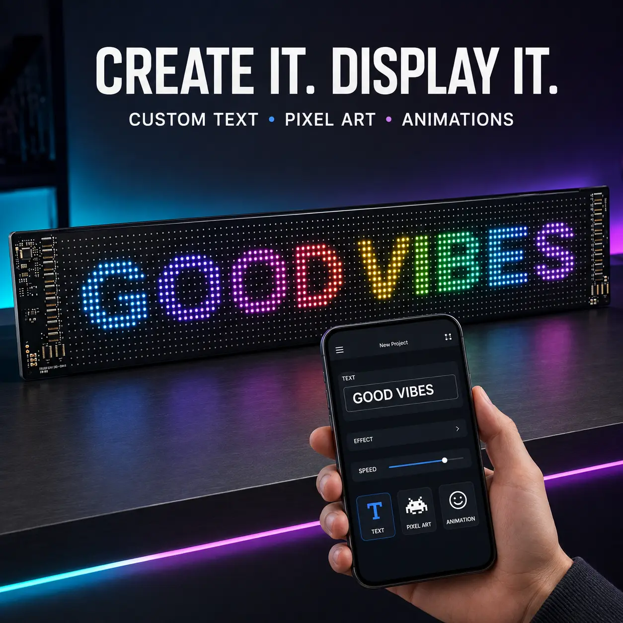 23x5 in Programmable Flexible LED Sign with App Control, Remote, Colorful LEDs & Custom Displays - USB Powered Indoor Lighting for Gamer Stuff, Game Room Accessories