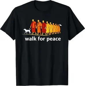 Retro Walk for Peace Monks with Aloka Dog Minimalist Zen Art T-Shirt Casual Tshirt