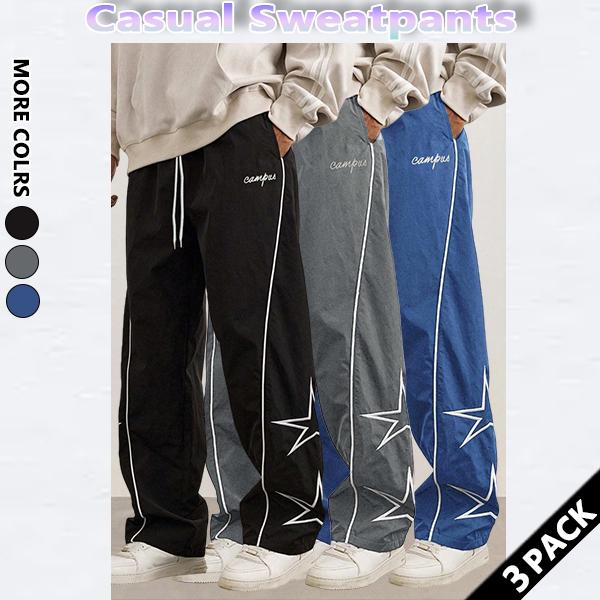 3-pack loose-fitting sweatpants for men. Star-patterned embroidered design for comfort. Sports casual bottoms. Workout pants. Streetwear. Autumn apparel. Men's fitness tracksuit.