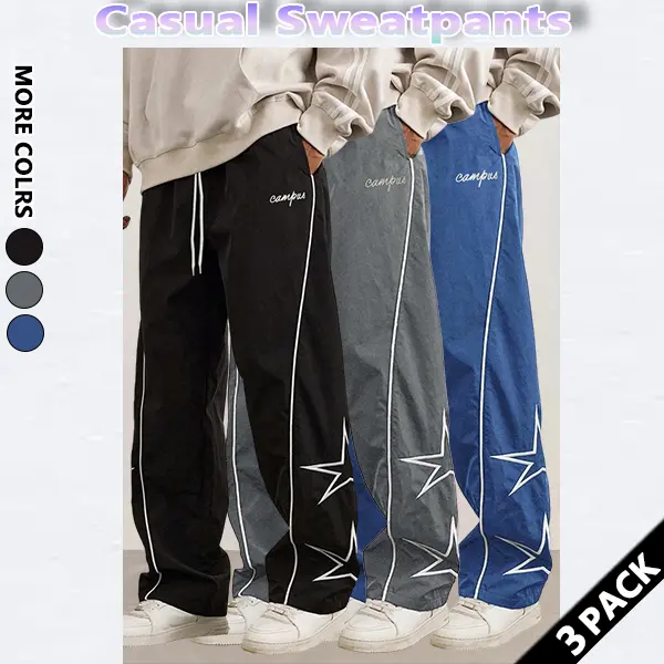 3-pack loose-fitting sweatpants for men. Star-patterned embroidered design for comfort. Sports casual bottoms. Workout pants. Streetwear. Autumn apparel. Men's fitness tracksuit.