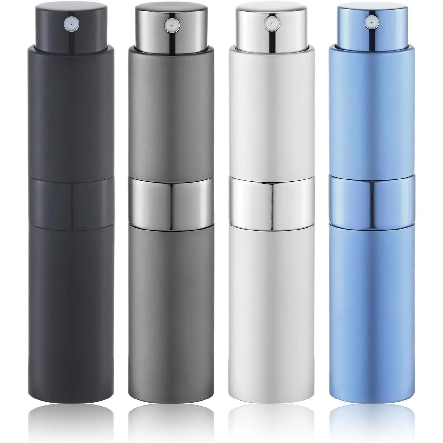 8ml Compact Refillable Travel Perfume Bottle Multi-Pack - 4 Count Grey Fragrance Spray Atomizer, Easy-Refill Empty Decant Dispenser for Men, Home Organizer Storage Jar for Business Meetings