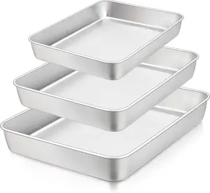 Baking Pan Set of 3, Stainless Steel Cake Pans Rectangle Bakeware Set, Metal Lasagna Pans Includes 12.3/10.4/9.3 inch