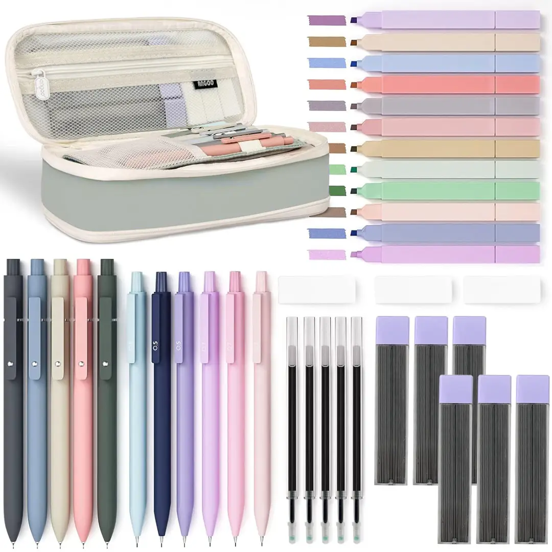 38 PCS Aesthetic School Supplies with Big Capacity Pen Case, 12 Color Pastel Highlighters, 5 Quick Dry Retractable Black Ink Pens, 6 Pastel Mechanical