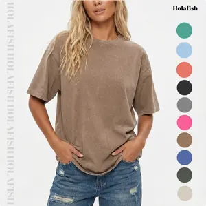 Holafish Acid Wash Oversized T-Shirt Crew Neck Half Short Sleeve Summer Top Casual Loose Fit Solid Streetwear Comfortable Tees Basic Womenswear Shortsleeve Tshirt New Arrivals