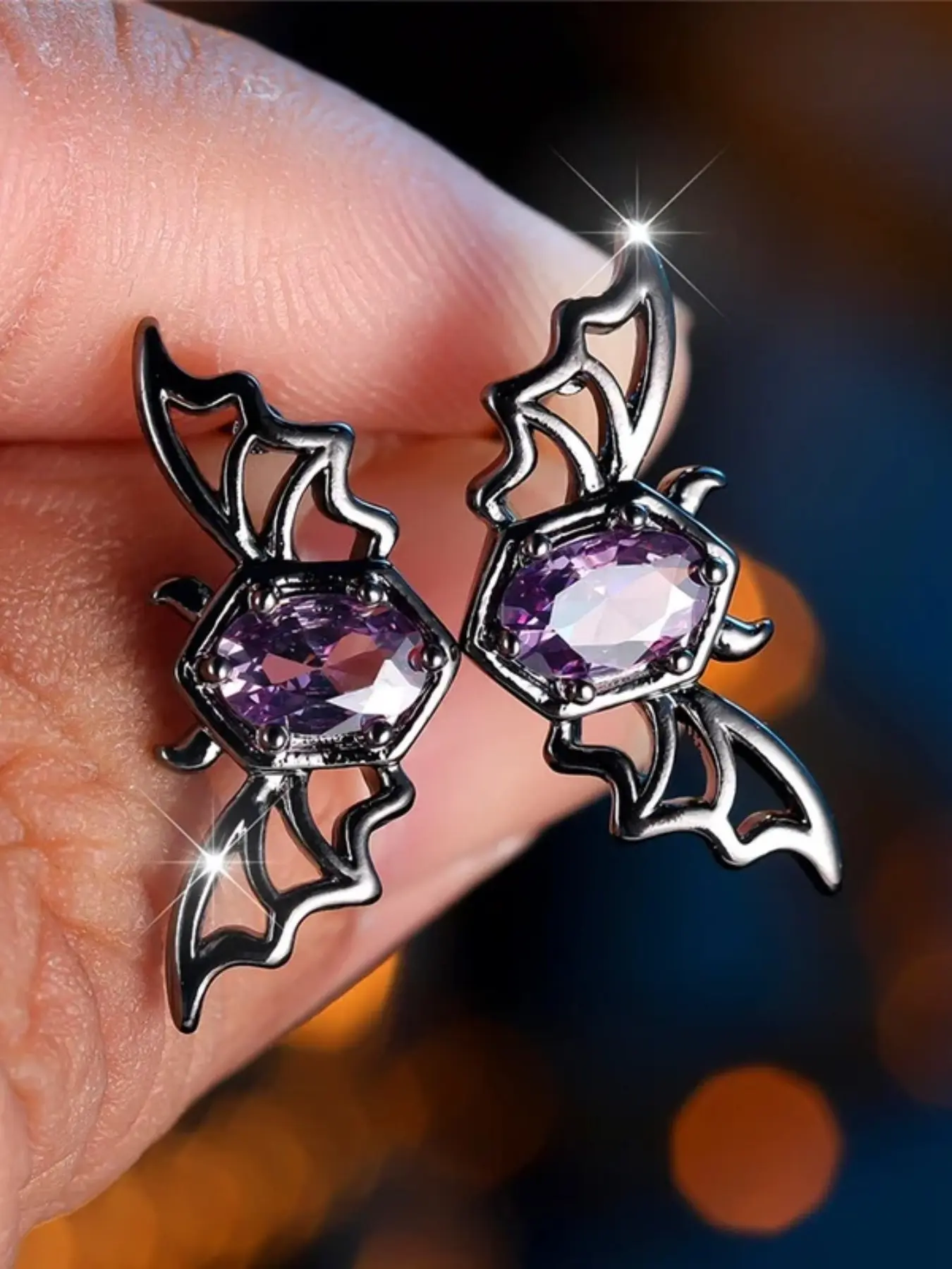 Cute Female Synthetic Crystal Purple Zirconia Stone Bat Animal Stud Earrings Black Gold Color Wedding Jewelry For Women Artificial Zirconia Earrings Earring Studs