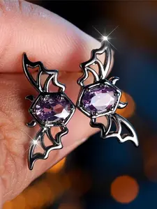Cute Female Synthetic Crystal Purple Zirconia Stone Bat Animal Stud Earrings Black Gold Color Wedding Jewelry For Women Artificial Zirconia Earrings Earring Studs