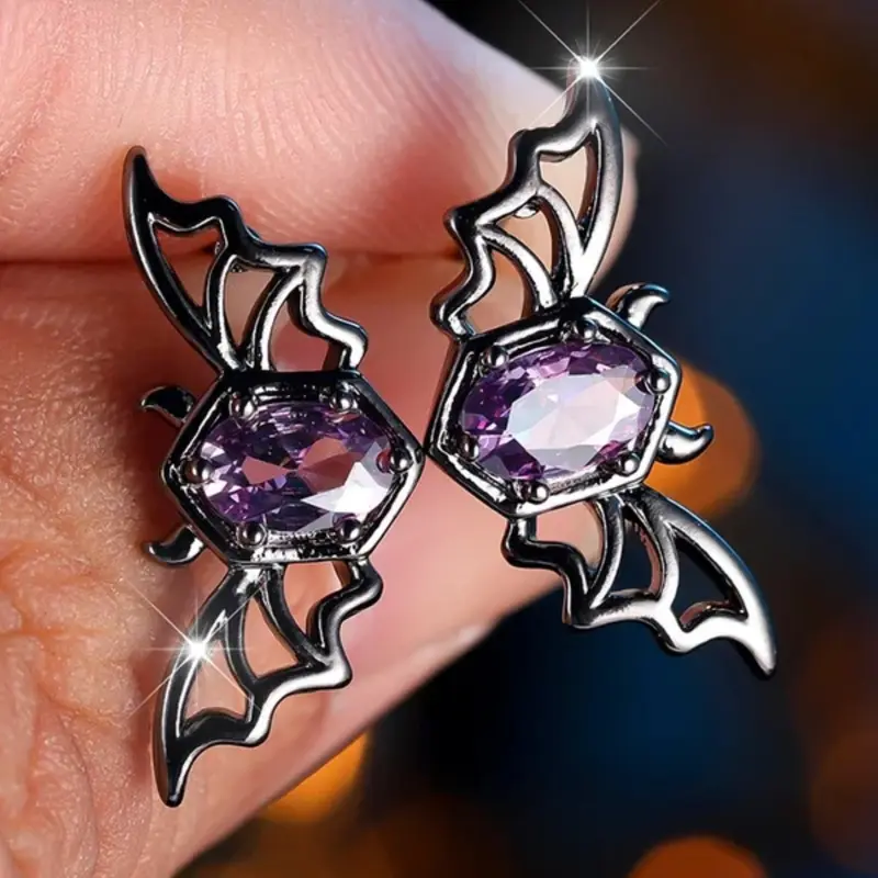 Cute Female Synthetic Crystal Purple Zirconia Stone Bat Animal Stud Earrings Black Gold Color Wedding Jewelry For Women Artificial Zirconia Earrings Pretty Studs