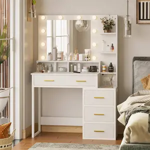 Makeup Vanity with LED Mirror Charging Station White