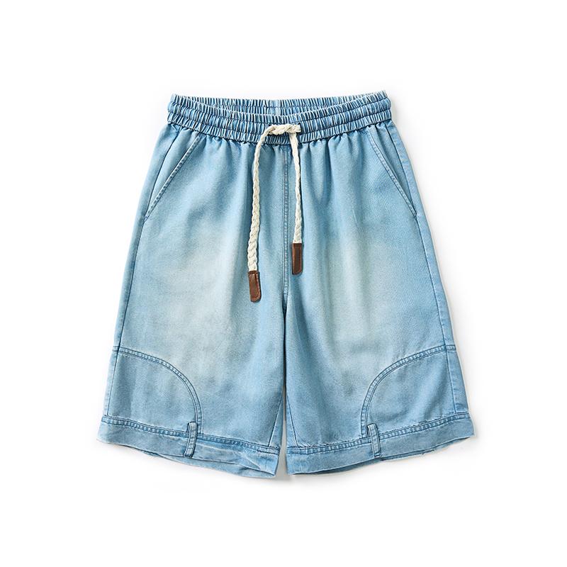 Men’s summer lightweight shorts made from Lyocell fabric—breathable, cool to wear, comfortable, and very cooling; suitable for various body types; vintage distressed style.