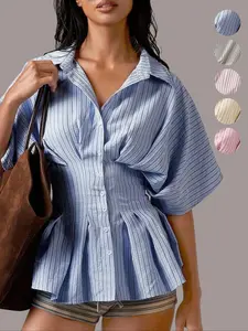 Women's Striped Shirt, Casual Short Sleeve Collar Top for Daily Wear, Ladies Clothes for Work Office Business