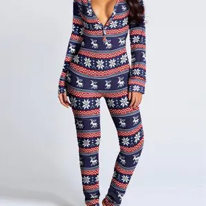 Women Sexy One-Piece Christmas Pajama Polyester Striped