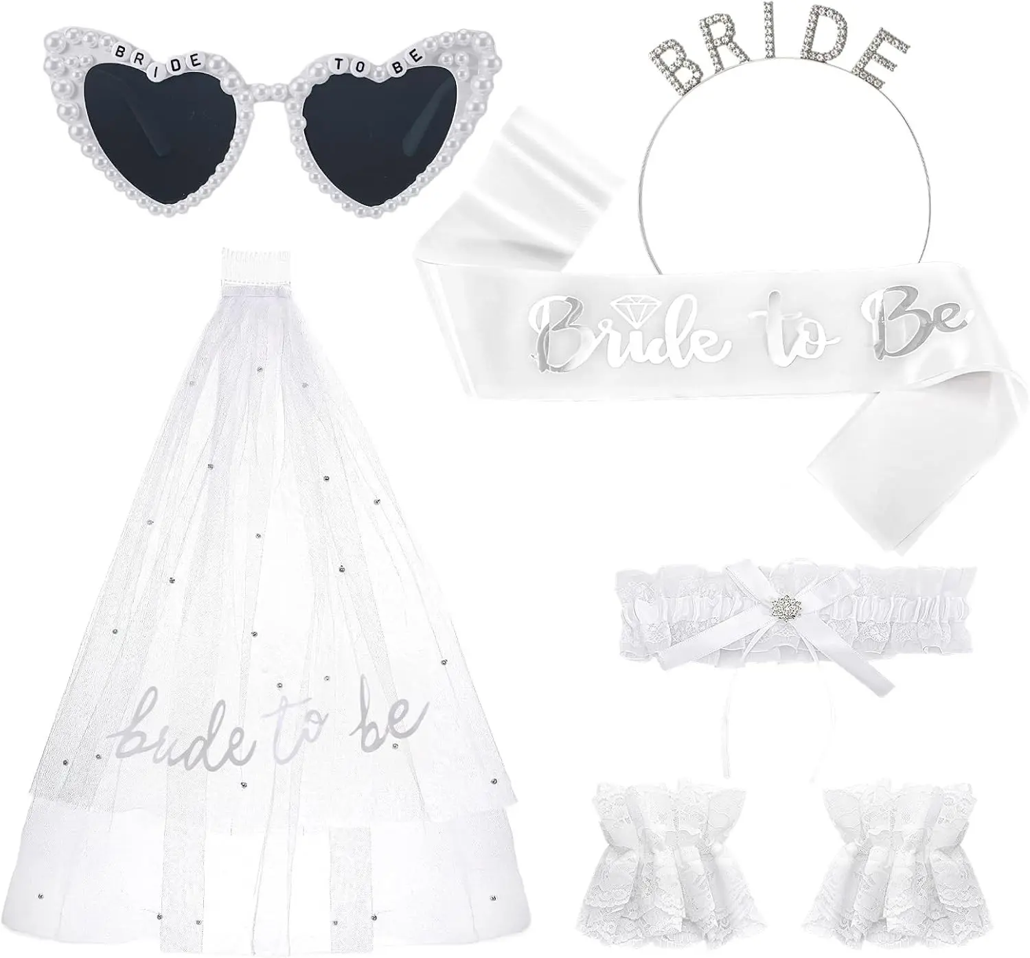 JATEBI 6 Pcs Bachelorette Party Accessories Heart Sunglasses | Bride to Be Headband Sash and Veil for Bride Wedding Bridal Shower Bachelorette Party Favors