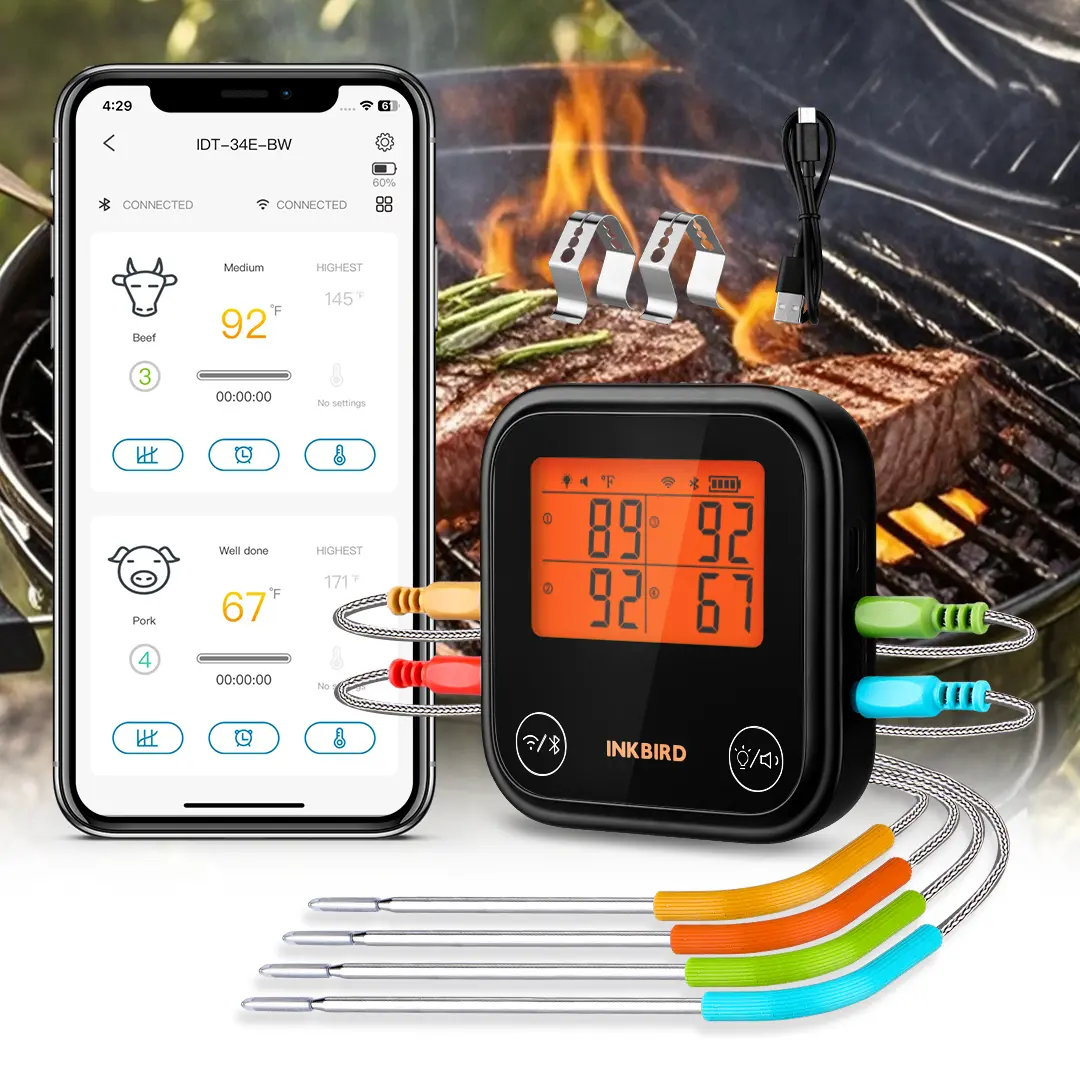INKBIRD meat thermometer, 1 Bluetooth kitchen thermometer, WIFI instant reading, suitable for cooking,temperature alarm, kitchen utensils,Grill Measurement Accuracy Lcd Screen Portable