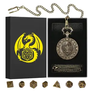 Vintage Dragon Head Design Pocket Watch with Chain & Dice, Vintage Fashion Watch, 1 Count Retro Role Playing Game Accessories, DND Beginner Accessories