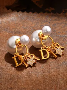 Fashionable French Classic High-End Stud Earrings with Rhinestone Letters and Pearls, Chic and Elegant Ear Studs for Women
