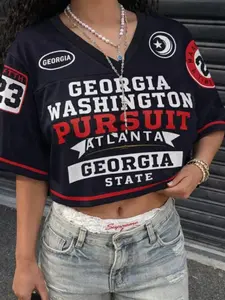 Y2K Georgia Washington Atlanta Short Sleeve Jersey, Loose V Neck, Blokecore Street Style Women's T-Shirt