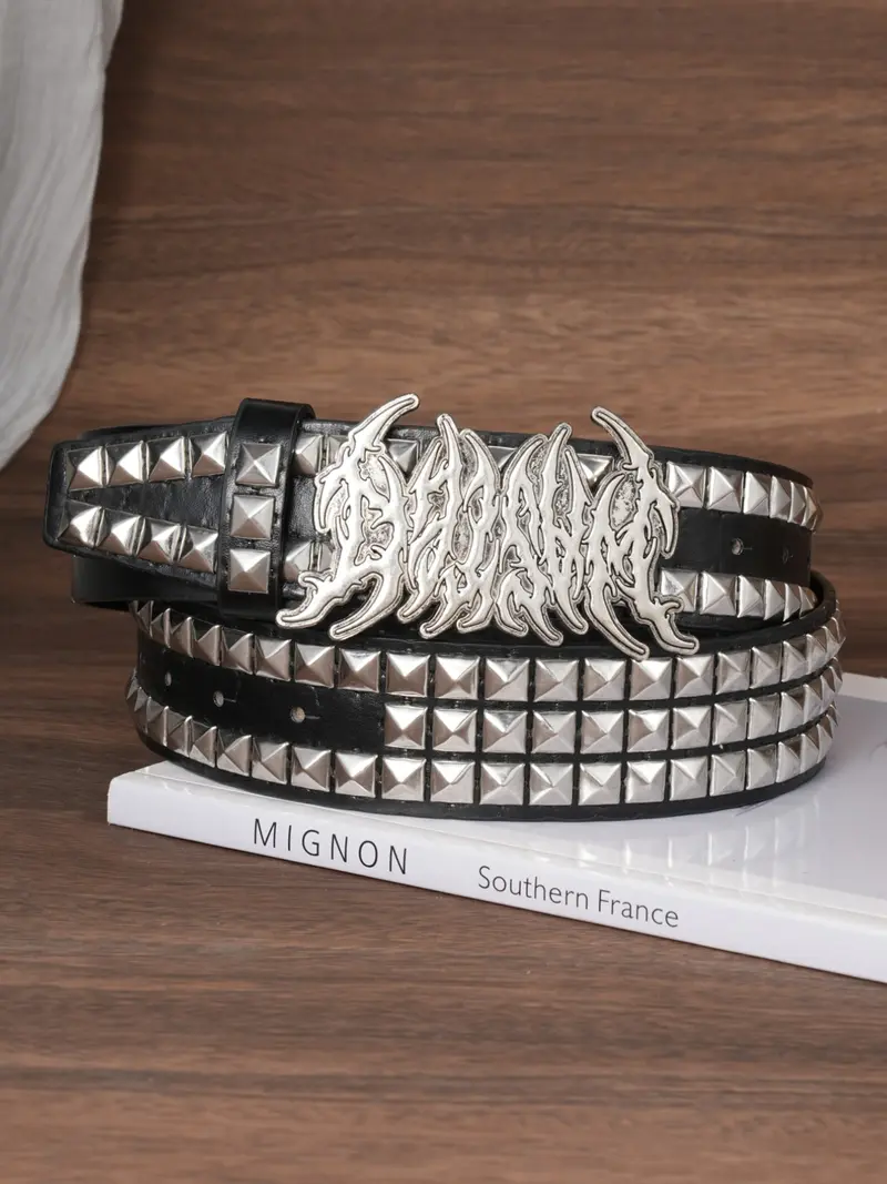 小物 - 2000s Punk Skull Cross Studded Belt Original Cross & Skull Belt – White Leopard Print Studded Punk Y2K