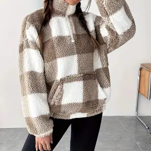 Women's Plaid Print Half Zip Drop Shoulder Fleece Sweatshirt Casual Long Sleeve Stand Collar Pullover for Spring & Fall Ladies Clothes for Daily Wear Soft High-Quality Polyester Trendy Plaid Pattern Quarter-Zip Design