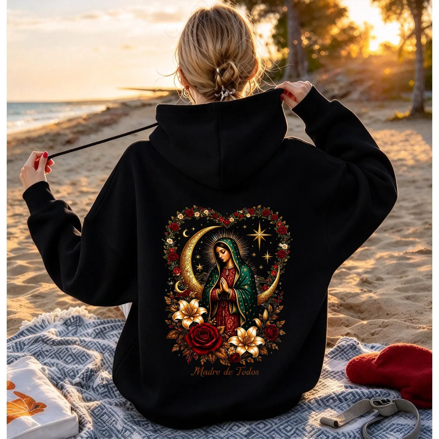 Madre de Todos Virgin Mary Graphic Hoodies, Women Retro Rose Moon Art Sweatshirt, Oversized Faith Inspired Hooded Sweatshirt, Cute Back Print Fall Casual Pullover Sweatshirt