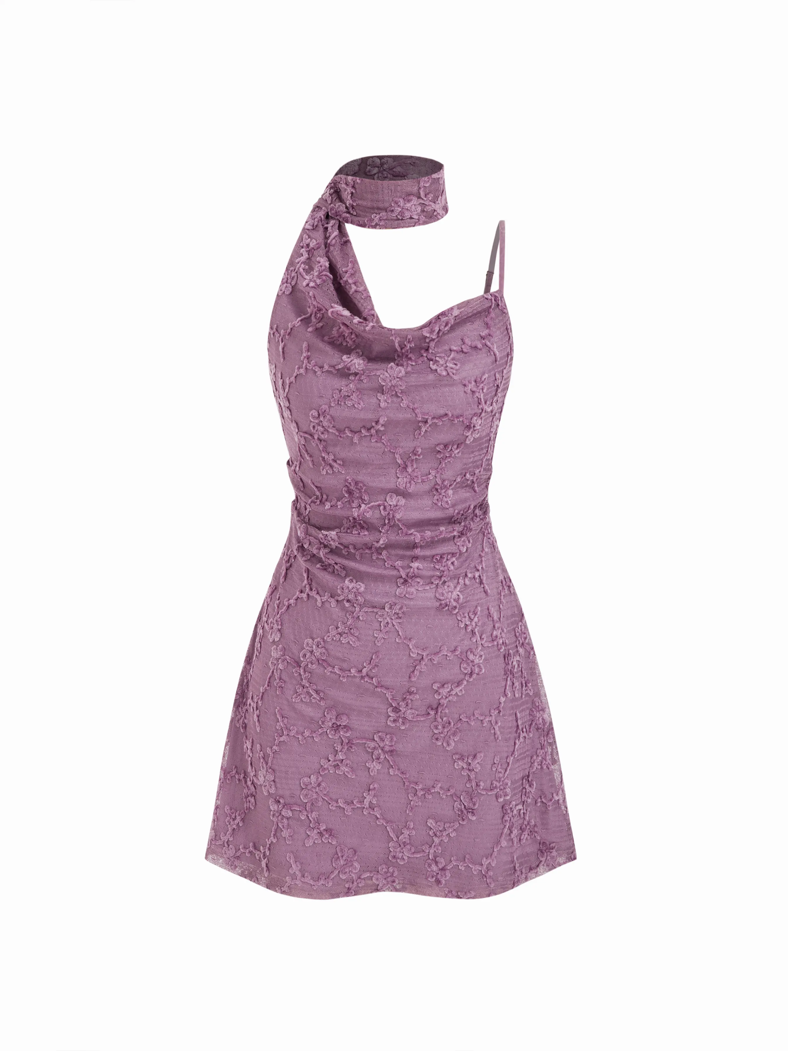 Cider Jacquard Mesh Asymmetrical Neck Ruched Mini Dress With Scarf