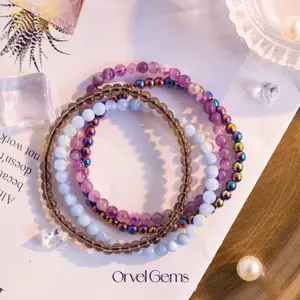 Anti-Anxiety & Stress Relief Bracelet Set – Stackable Dainty 4mm Bead Bracelets for Meditation | Dreamy Amethyst, Blue Lace Agate, Smoky Quartz, Rainbow Hematite | Crystal Healing Bracelets for Men & Women