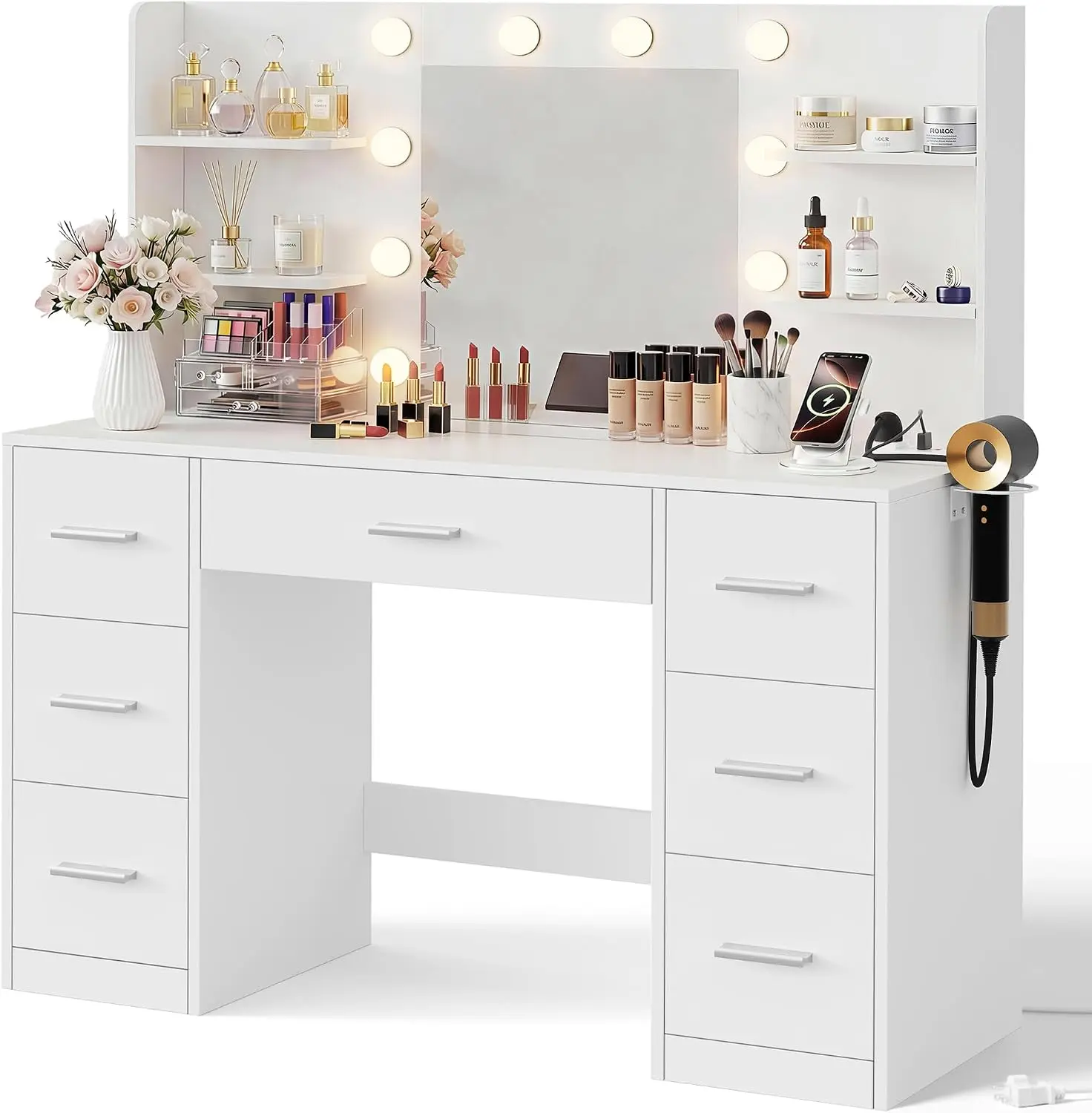 Furmax Makeup Vanity Desk with Large Mirror and LED Lights,   Beauty  Organizer Vanity with Power Strip and Hairdryer Holder, Modern Dressing Table with 6 Open Shelves and 7 Drawers, for Bedroom (White)