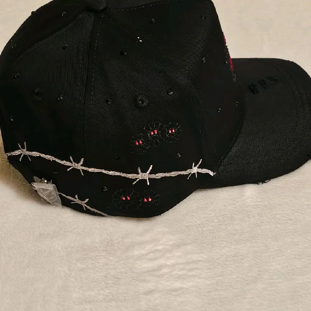 BARBED BLOOM X MZ HATS Black Baseball Cap with Red Flower  display picture 2