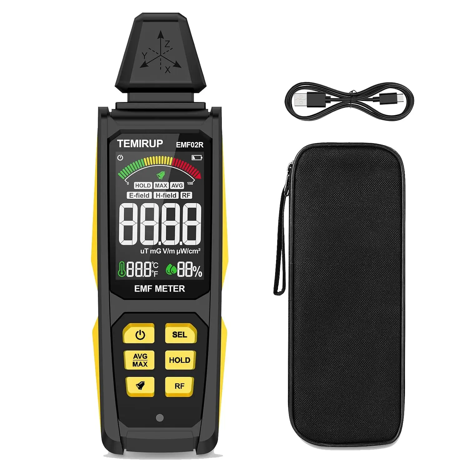 5-in‑1 EMF Detector,TEMIRUP, Portable EMF and Magnetic Field Detector, Electromagnetic Field Radiation Detector for EF, RF, MF, WiFi,5G Signal, Rechargeable EMF Meter for Home, Office, and Paranormal Investigation,Yellow