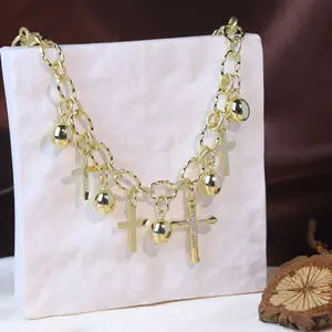 Rotating Crown Cross Pendant Necklace，Gold Cross Charm Necklace, Layered Chain with Multiple Cross & Medallion Pendants, Fashion Jewelry for Women and Men