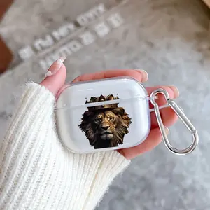 Lion of Majesty Pattern TPU Soft Protective Case for Apple AirPods 4/3/2/1/Pro/Pro2 Transparent Earphone Cover with Keychain Attachment