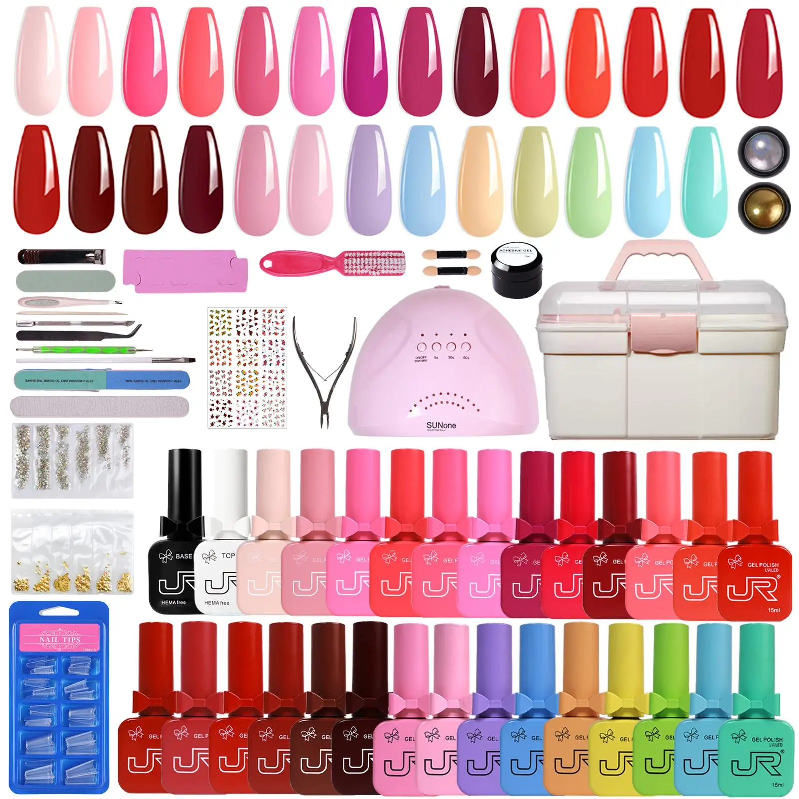 JR Gel Polish 50PCS Gel X Nail Kit with UV Lamp, HEMA-Free & TPO-Free Gel Polish Set, Brown Red Nude Colors, Base & Top Coat, Nail Charms, DIY Nail Starter Kit for Beginners 3d sculpting basic tool