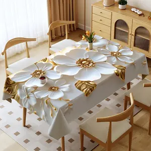 Rectangular Tablecloth with Floral Pattern, Gold Heart & Leaves, Polyester Material, Easy Clean, Multiple Sizes Available