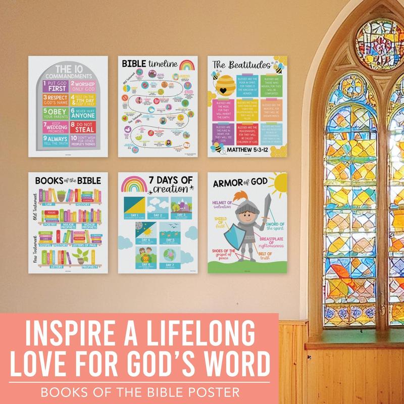 Colorful Rainbow Bible Posters | Set of 9 | Sunday School Classroom Art Stickers Visual Learning Tools