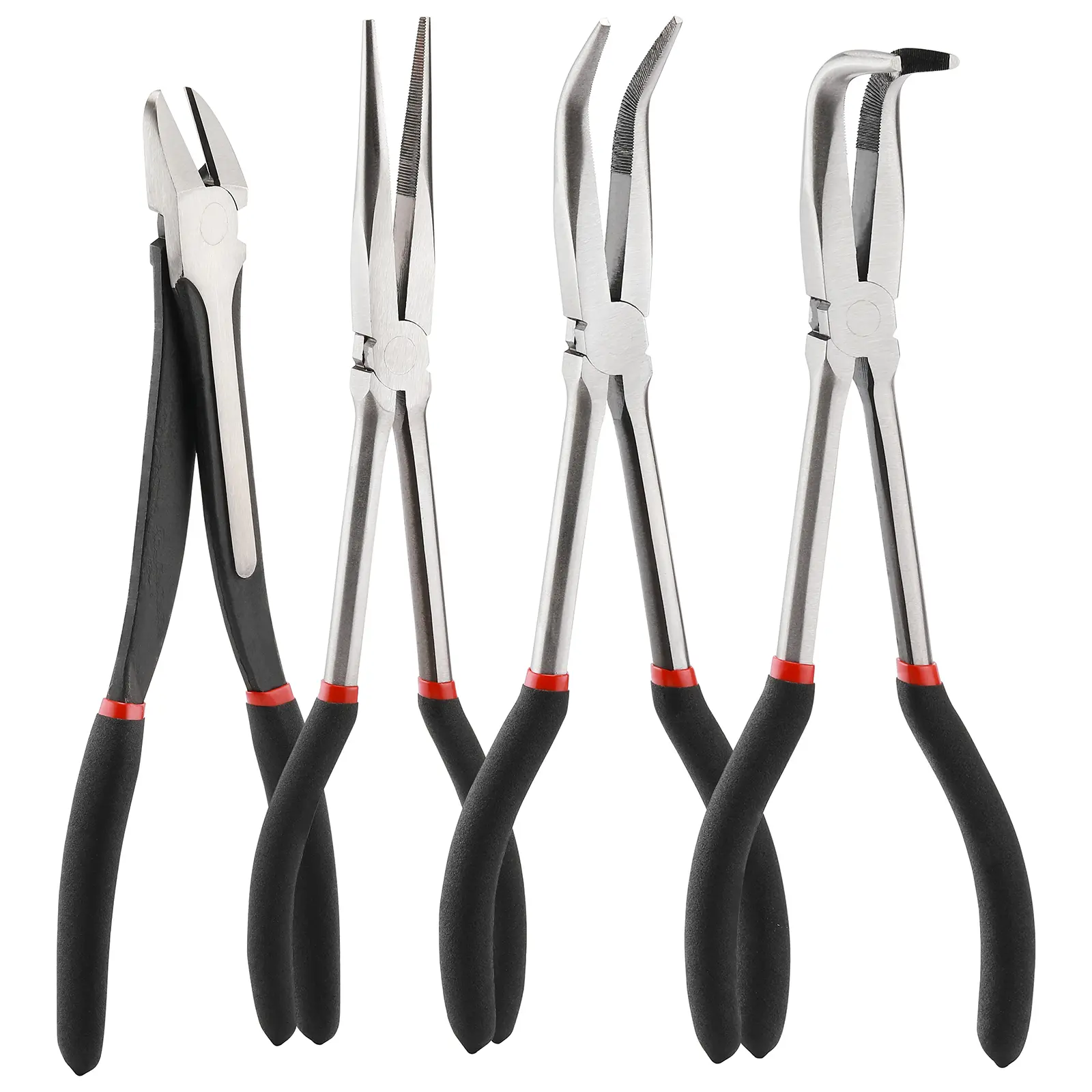 4PCS Long Reach Pliers Set - 11" Needle Nose, 45 & 90 Bent Nose, Diagonal Pliers for Narrow Spaces #dealforyourdays