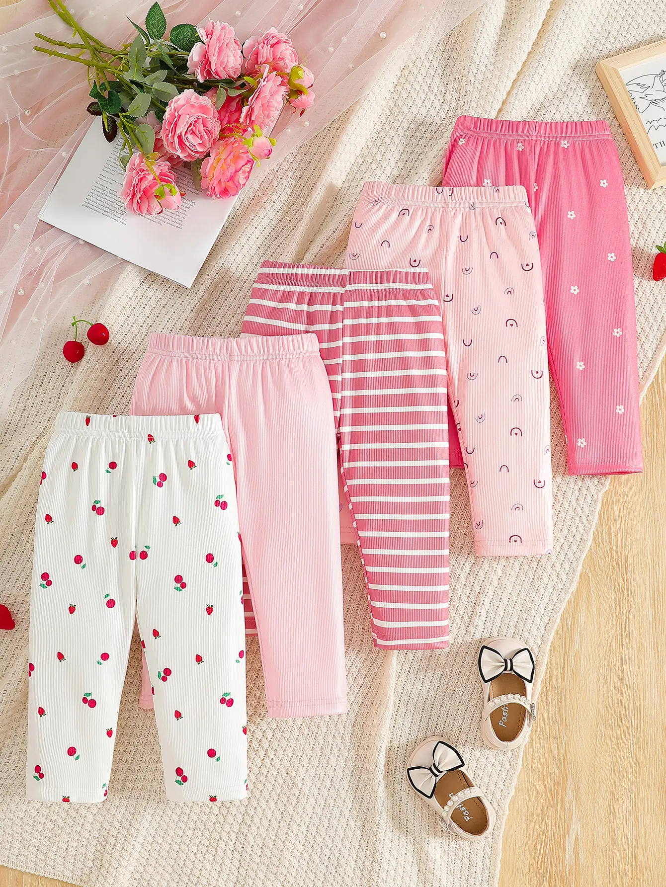 Baby girl, sweet and lovely style, cherry, striped, rainbow, small flower pattern, elastic waist, long pants, daily, home, baby clothes for all seasons