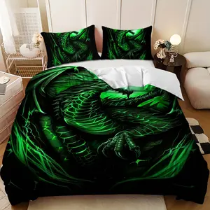 Bedding 3-piece set - 3PCS,Green and Black Dragon Pattern Down Comforter Set (1 comforter cover + 2 pillowcases, filling not included) - soft and comfortable, suitable for family bedrooms, Bedding Sets