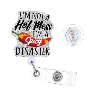 I'm Not A Hot Mess I'm A Spicy Disaster Retractable Glitter Badge Reel with Alligator Clip, Funny Badge Holder for Nurse Doctor Medical Office Worker Teacher, Nurses Week Gifts for Nursing, Badge Decoration, Badge Reels Retractable