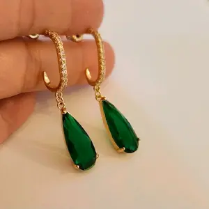 New 18K Gold Plated Pear Cut Emerald Diamond Dangle Drop Stud Earrings for Women Elegant Jewelry