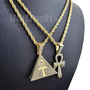 Drip Ankh Cross & Pyramid Iced Gold Plated Egyptian Charm Pendant & 4mm 24" Rope Chain Hip Hop Style Necklace Jewelry Unisex Women Men