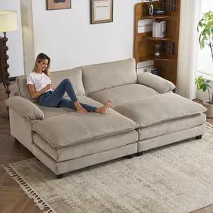 【Three Packages】Karl home Modern Sectional Couch, Indoor Corduroy Sofa with Ottoman, Full Size Bed Comfortable Soft Cushion Furniture with Wood Grain Legs, Suitable for Living Room(2-Seat & 2-Ottoman)