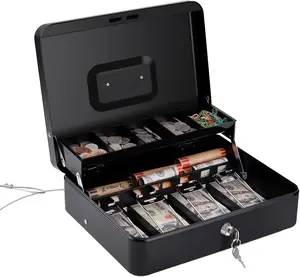 Box with  Tray and Lock  Box with  , Metal Locking  Box - 11.8" x 9.4" x 3.54" Black