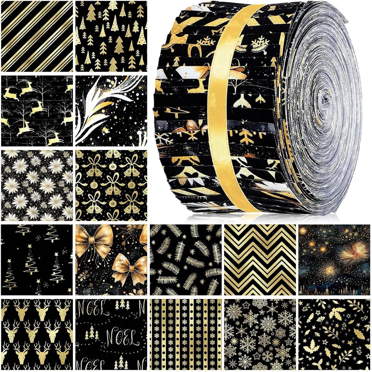 40 Pcs Black and Gold Jelly Fabric for Quilting Roll Winter Snowflake Fabric Squares Xmas Tree Deer Gold Quilting Strip 2.55 Inch