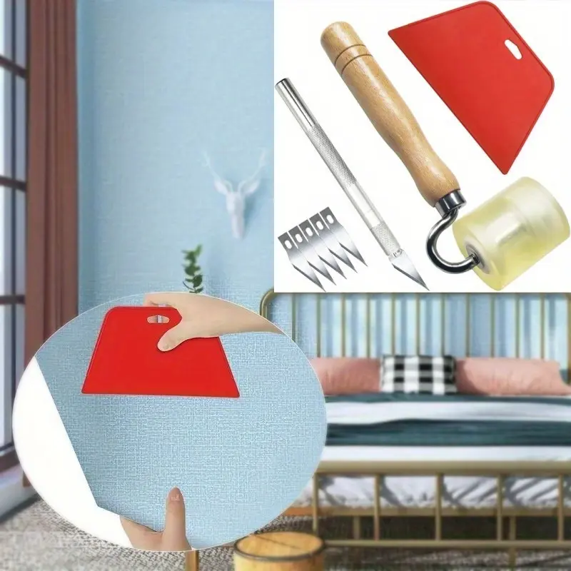 8-Piece Wallpaper Smoothing Tool Set with 4-Inch Blade, Squeegee, Seam Roller, Easy-to-Replace & Hold Blades for Contact Paper, Adhesive Vinyl, Home Renovations