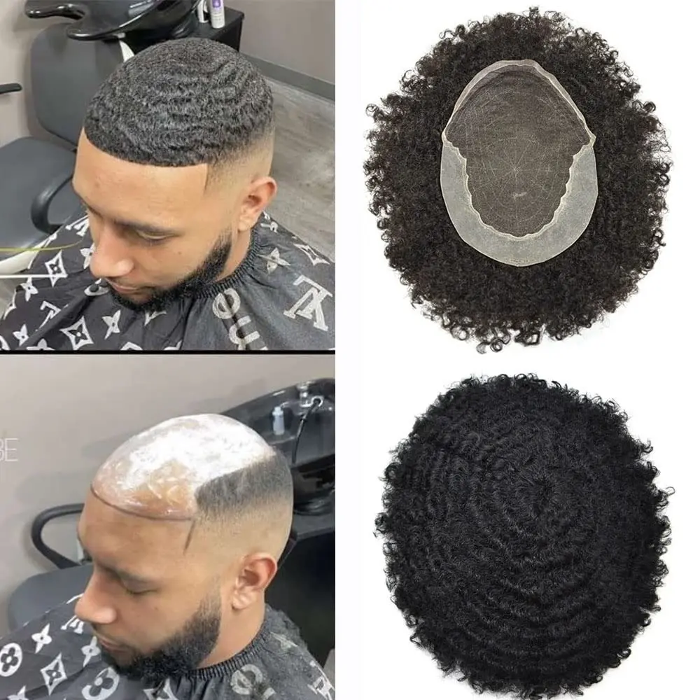 French Lace Front Afro  Curly Toupee For Black Men African American Human Hair Replacement System Units 100% Brazilian Hair Afro Wave Man Hairpiece Bleached Knots Natural Hair line