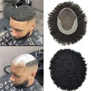 French Lace Front Afro  Curly Toupee For Black Men African American Human Hair Replacement System Units 100% Brazilian Hair Afro Wave Man Hairpiece Bleached Knots Natural Hair line