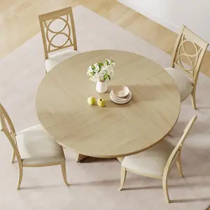 47 Inch Round Farmhouse Dining Table for 4-6 People, Gray Distressed Wood Table with Rustic Base, Circular Kitchen Table for Dining Room, Living Room, Small Space (No Chairs Included)