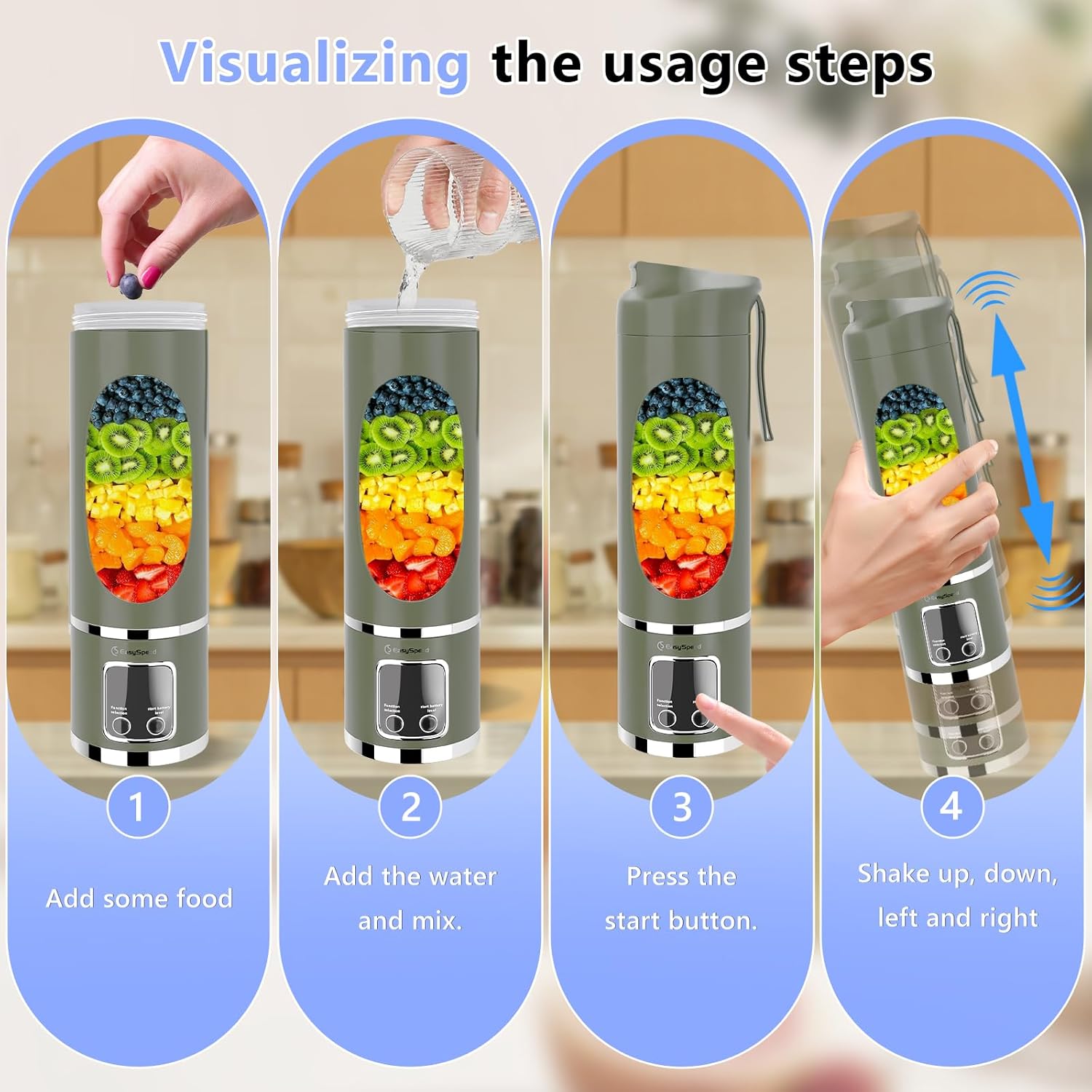 Portable Blender Electric USB-C, 450ML Personal Juicer for Shakes and Smoothies, 12 Blades, 1500mAh Rechargeable, BPA Free, 18oz Small Blender with Leakproof Lid & Sip Spout, Mixing, Compact