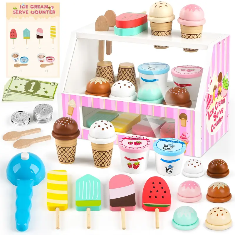 Dreamon Eco Wooden Ice Cream Counter Playset - 38 PCS Wooden Play Food Toddler Toys for 4-8 Years Kids, 2.98lbs 10*7*6 Inches Set with 10 Pretend Dollars, 6 Toppings, Ideal for Christmas, Birthday Gifts